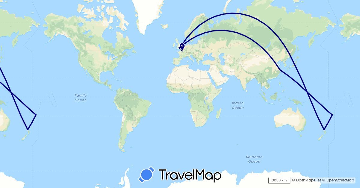 TravelMap itinerary: driving in China, France, United Kingdom, Japan, New Zealand, Tonga (Asia, Europe, Oceania)